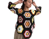Granny square pullover sweater, Crochet fall sweater, Knitting oversized sweater,