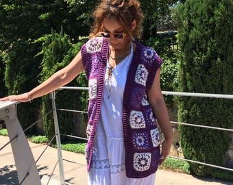 Crochet long spring vest, Women winter knit waistcoat.