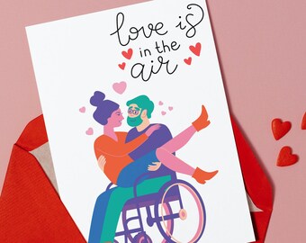 Biglietto di San Valentino queer inclusivo per disabili in sedia a rotelle / Regalo per disabili con mobilità ridotta / Coppia interrazziale LGBTQ gay e lesbiche