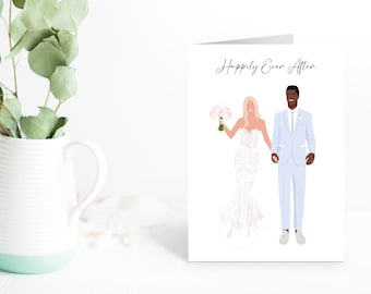 May include: A wedding card with a white background and the text "Happily Ever After". The card features a cartoon illustration of a bride and groom holding hands. The bride is wearing a white wedding dress and the groom is wearing a light blue suit.