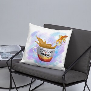 Goldfish jumping from a cup of milk tea Basic Pillow image 5
