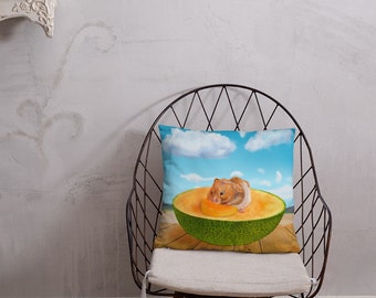 Hamster eating cantaloupe on wooden table outdoor Basic Pillow