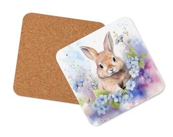 Watercolor rabbit hydrangea Cork-back coaster