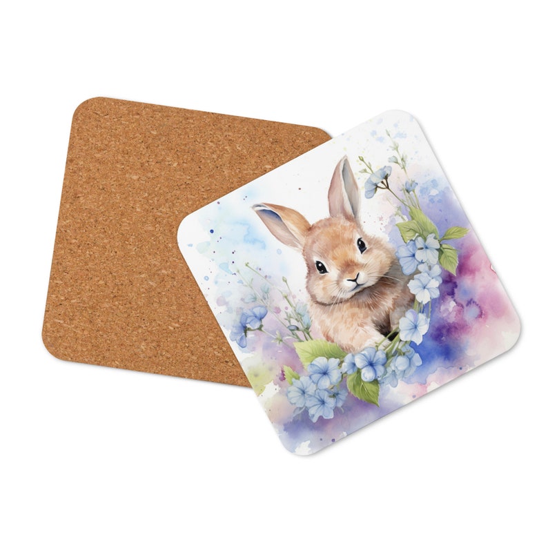 Watercolor rabbit hydrangea Cork-back coaster