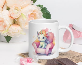 Watercolor Unicorn on Sofa White glossy mug