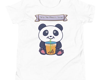 ECO Friendly Panda Drinking without Straw but Bamboo Youth Short Sleeve T-Shirt