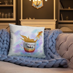 Goldfish jumping from a cup of milk tea Basic Pillow image 3