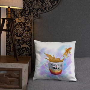 Goldfish jumping from a cup of milk tea Basic Pillow image 2