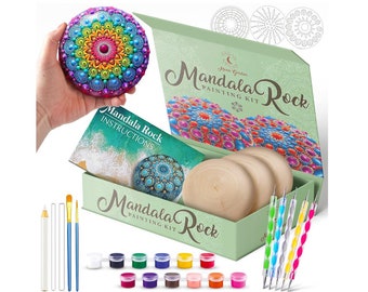 Moon Garden Mandala Rock Painting Kit - Large Wooden Rocks for Painting, Mandala Stencils, Acrylic Paints, Dotting Tools for Painting Rocks