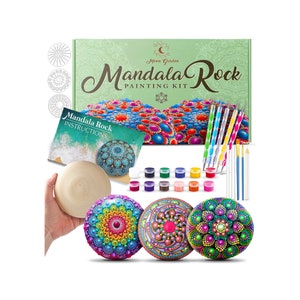 Moon Garden Mandala Rock Painting Kit - Large Wooden Rocks for Painting, Mandala Stencils, Acrylic Paints, Dotting Tools for Painting Rocks