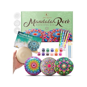 May include: A mandala rock painting kit with three painted rocks, a blank rock, paint, brushes, and instructions. The rocks are painted with colorful mandalas.