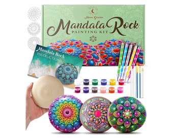 Moon Garden Mandala Rock Painting Kit - Large Wooden Rocks for Painting, Mandala Stencils, Acrylic Paints, Dotting Tools for Painting Rocks