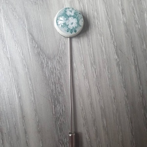 Hijab hat lapel pin, brooch, button hole Boutonniere made from late 1800&#39;s  early 1900&#39;s pottery found mudlarking on river Thames teal White