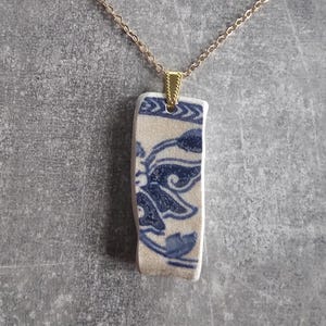 Blue White antique victorian pottery sherd pendant necklace half butterfly flower from Thames mudlarking find  handmade mudlarking thames