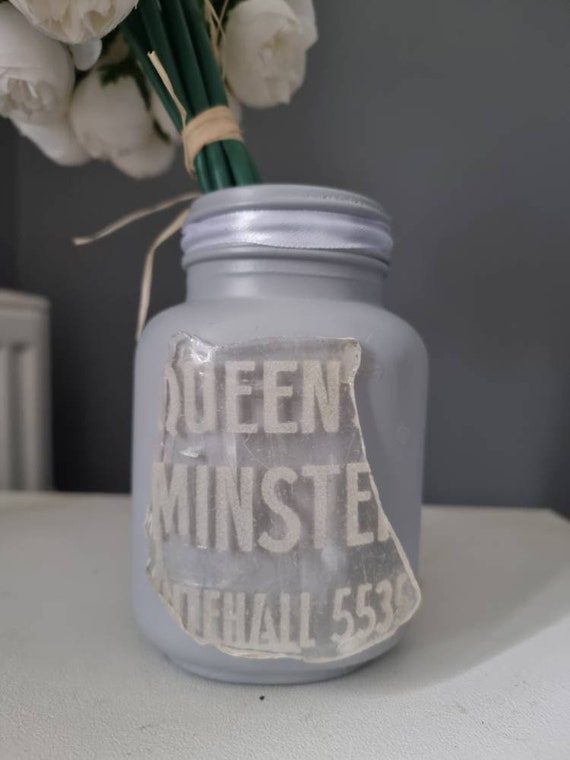 Vintage Flaschendose Vase in shabby chic vintage französisch grau britisch Englisch Trophäe Glas Queen Westminster London Unikat Geschenk Keramik