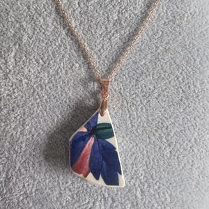 watercolour flowers victorian pottery sherd pendant necklace from Thames mudlarking find handmade unique colourful vintage broken plate blue