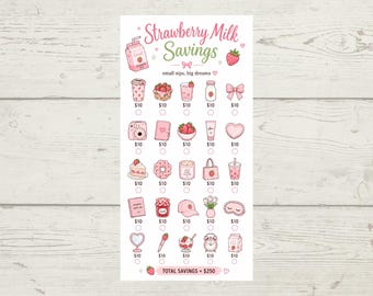Könnte beinhalten: Ein rosa-weißes Spar-Tracker mit dem Text "Strawberry Milk Savings" und "small sips, big dreams". Der Tracker zeigt verschiedene Erdbeer-Symbole, jedes mit einem Wert von 10 €, für insgesamt 250 €.