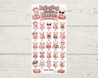 Könnte beinhalten: Ein Spar-Tracker-Blatt mit dem Titel Bringing Home the Bacon Piggy Bank Goals, das fünfundzwanzig illustrierte rosa Schweinchen zeigt, die jeweils mit einem Betrag von eins bis fünfundzwanzig versehen und mit Blumen und Herzen verziert sind.