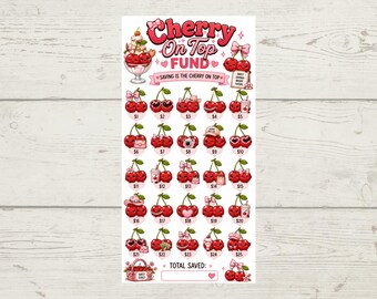 Könnte beinhalten: Ein rechteckiges Spar-Tracker-Blatt mit dem Titel Cherry On Top Fund und dem Text Saving is the cherry on top. Das Design zeigt Reihen von illustrierten roten Kirschen mit verschiedenen Accessoires und Dollarbeträgen von 1 $ bis 25 $.