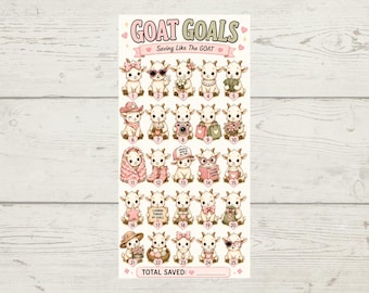 Könnte beinhalten: Ein rechteckiges Spar-Tracker-Blatt mit dem Titel GOAT GOALS Saving Like The GOAT, das fünfundzwanzig nummerierte Illustrationen von Cartoon-Ziegen in verschiedenen Outfits zeigt, mit einem Feld unten namens TOTAL SAVED zur Fortschrittskontrolle.