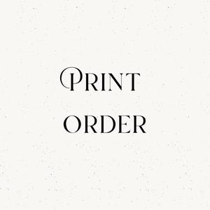 May include: A light cream-colored background with a subtle speckled texture featuring the black text PRINT ORDER centered in the middle. The word PRINT is written in a serif font with a stylized letter P, and the word ORDER is in a standard serif font.