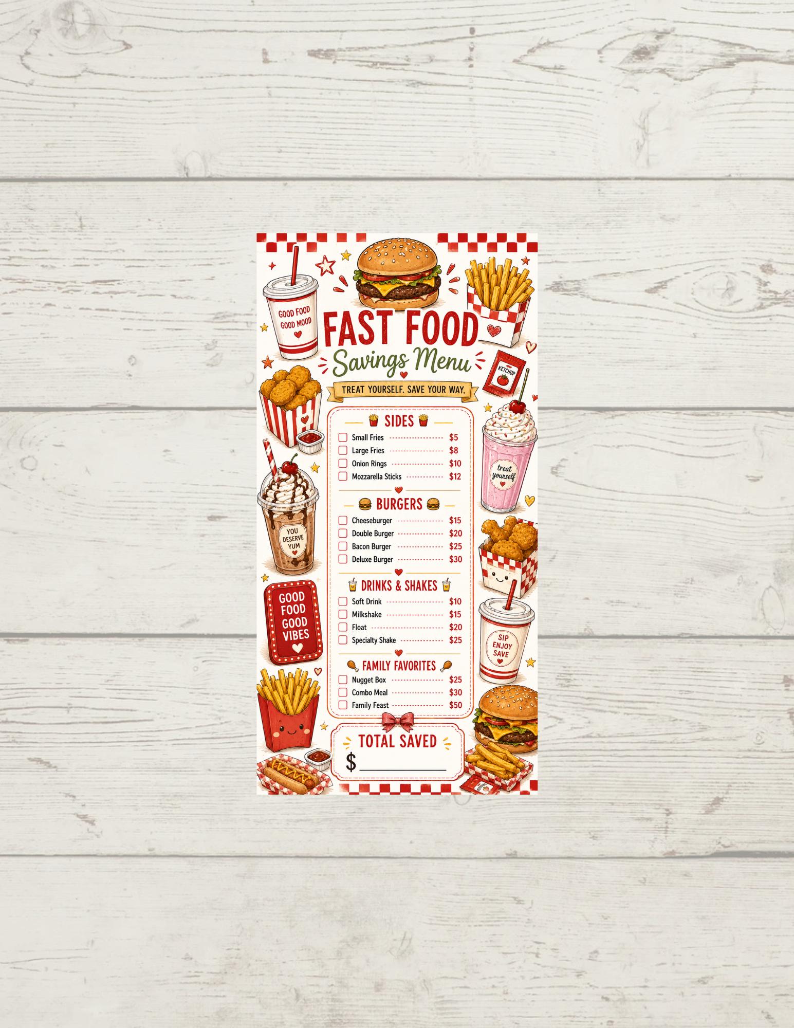 Fast Food Menu Savings Tracker (digital Download) - Etsy