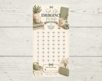 Könnte beinhalten: Ein Soft Life Emergency Fund Spar-Challenge-Tracker auf cremefarbenem Papier. Das Design zeigt salbeigrüne Akzente, Illustrationen von Kerzen, Büchern und einer Kaffeetasse sowie ein Raster aus Kreisen mit Geldbeträgen von 5 $ bis 30 $.