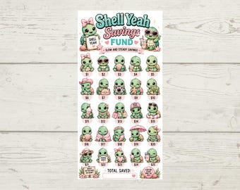 Könnte beinhalten: Ein rechteckiges Spar-Tracker-Blatt mit dem Titel Shell Yeah Savings Fund, das fünfundzwanzig illustrierte grüne Schildkröten in verschiedenen Outfits und Posen zeigt, jeweils beschriftet mit Beträgen von eins bis fünfundzwanzig, mit einem Feld für den Gesamtbetrag unten.