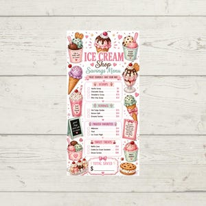 May include: A rectangular Ice Cream Shop Savings Menu card featuring colorful illustrations of ice cream scoops, sundaes, and frozen treats. The menu includes sections for Scoops, Sundaes, Frozen Favorites, and Sweet Treats with checkboxes.