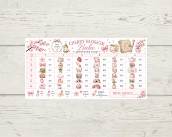 Könnte beinhalten: Ein rechteckiger Spar-Challenge-Tracker mit dem Titel Cherry Blossom Babe Adventure Fund. Das Raster zeigt rosa Kirschblüten-Illustrationen, Symbole für Tee, Süßigkeiten und Reiseartikel sowie Dollarbeträge von 10 bis 35 Dollar pro Feld.