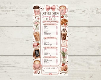 Könnte beinhalten: Ein rechteckiger Coffee Shop Savings Menu Tracker in Rosa- und Brauntönen. Das Design enthält Illustrationen von Kaffeetassen, Gebäck und Blumen sowie Abschnitte für Kaffee & Getränke, Backwaren, süße Leckereien und spezielle Artikel.