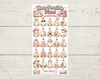 Könnte beinhalten: Ein rechteckiges Spar-Tracker-Blatt mit dem Titel Hen-Possible Fund und dem Untertitel Egg-Cellent Savings. Das Design zeigt fünfundzwanzig nummerierte Illustrationen von gezeichneten Küken, jedes mit einzigartigen Accessoires, in einem Raster.