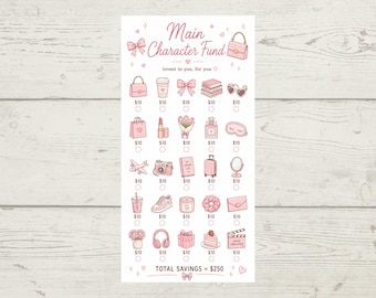 Könnte beinhalten: Eine weiße, rechteckige Spar-Tracker-Karte mit rosa Illustrationen und dem Text Main Character Fund, invest in you, for you, und TOTAL SAVINGS = $250. Die Karte zeigt fünfundzwanzig Symbole wie Taschen, Kaffee, Bücher und Accessoires, die jeweils mit $10 und einem Kreis zur Fortschrittsmarkierung versehen sind.