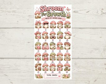 Könnte beinhalten: Ein rechteckiges Spar-Tracker-Blatt mit dem Titel Shroom For Growth mit fünfundzwanzig nummerierten Pilzfiguren, die jeweils einen Geldbetrag von eins bis fünfundzwanzig darstellen. Das Design zeigt sanfte Rosa- und Grüntöne mit verschiedenen Symbolen.