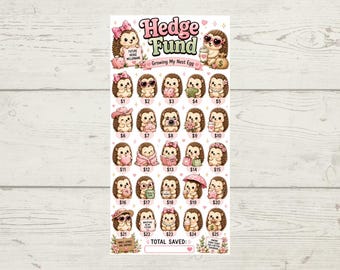 Könnte beinhalten: Ein rechteckiges Spar-Tracker-Blatt mit dem Titel Hedge Fund Growing My Nest Egg, das fünfundzwanzig illustrierte Igel in verschiedenen Outfits und Posen zeigt, jeweils beschriftet mit Dollarbeträgen von eins bis fünfundzwanzig und einem Bereich für die Gesamtersparnis.