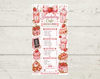 Könnte beinhalten: Ein Strawberry Café Spar-Menü-Tracker mit rosa und roten Illustrationen von erdbeerbasierten Getränken, Desserts und einer großen Schleife. Das Menü enthält Listen für Getränke, Leckereien und Favoriten mit Kästchen zum Ankreuzen.