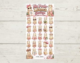 Könnte beinhalten: Ein Spar-Tracker-Blatt mit dem Text No Prob-Llama Savings und No Drama, Just Savings. Das Design enthält fünfundzwanzig illustrierte Lamas in verschiedenen Outfits und Posen, die jeweils mit Beträgen von 1 $ bis 25 $ zur Nachverfolgung beschriftet sind.