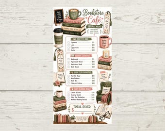 Könnte beinhalten: Ein Bookstore Cafe Sparmenü-Druck mit Illustrationen von Kaffeetassen, Bücherstapeln, einem grünen Sessel, einer Kerze und Lesezubehör. Der Text enthält Abschnitte für Coffee Bar, Reading Essentials, Book Club Favorites und Cozy Reading Night.