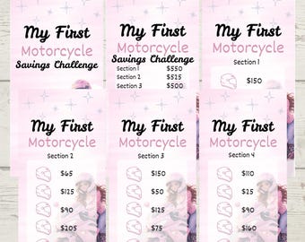 Könnte beinhalten: Rosa und weiße Spar-Challenge-Karten mit dem Text "My First Motorcycle Savings Challenge". Jede Karte zeigt eine Motorradhelm-Grafik und verschiedene Euro-Beträge. Die Karten sollen beim Sparen helfen.
