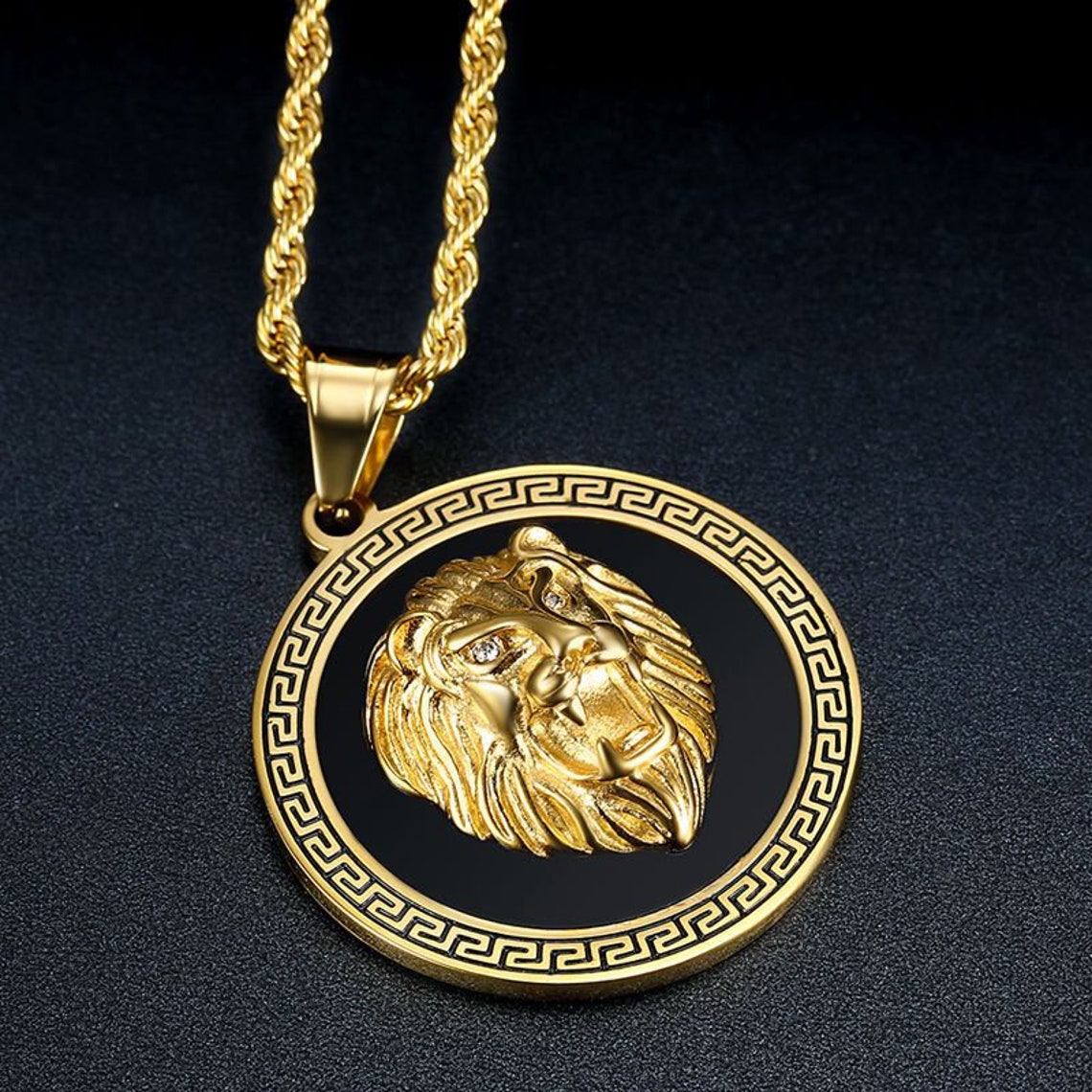 14k Gold Plated Lion Head Medallion Pendant Necklace Titanium - Etsy