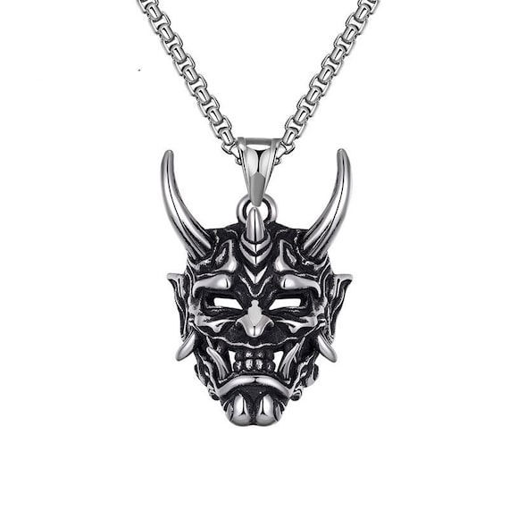 Stainless Steel Evil Oni Noh Hannya Mask Pendant Necklace Wallet