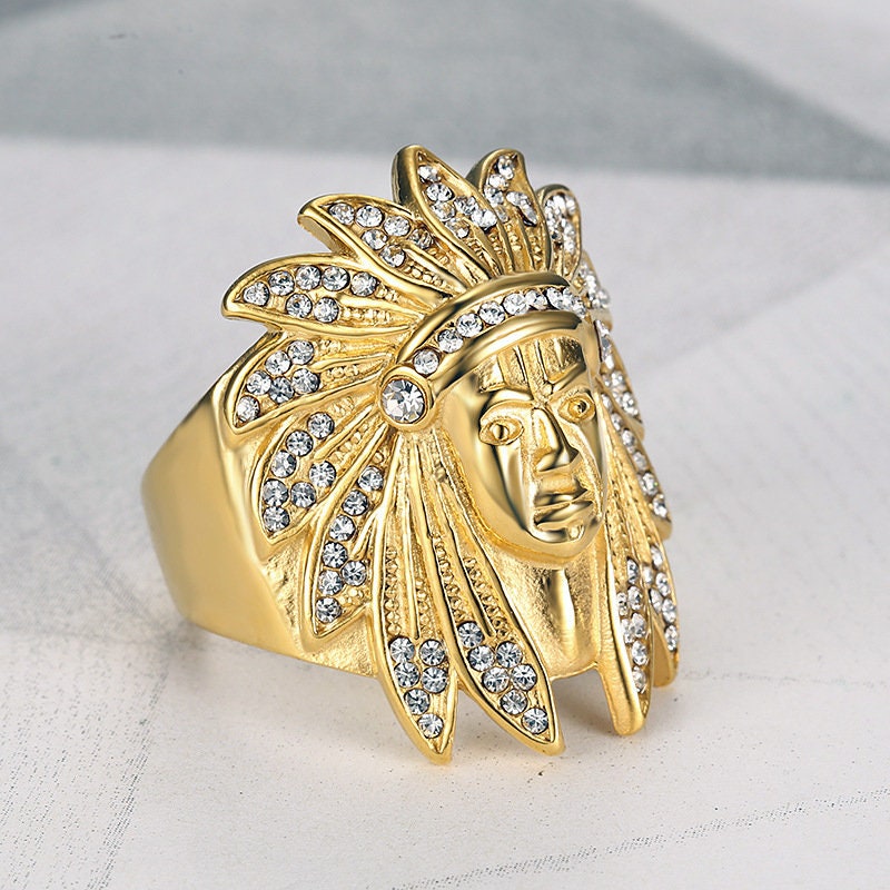 Stainless Steel Indian Chief Ring, 14k Gold Plated Indian Head Ring