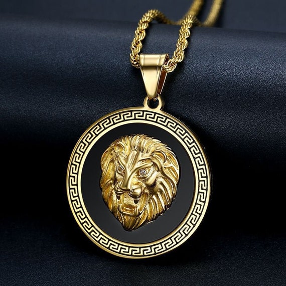 14k Gold Plated Lion Head Medallion Pendant Necklace Titanium