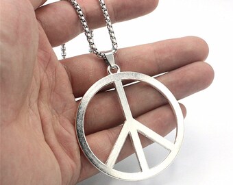 1 Stainless Steel Peace Sign Pendant Leather Lace Necklace 1" Wide 1 Stainless Steel Peace Sign Pendant Leather Lace Necklace 1" Wide