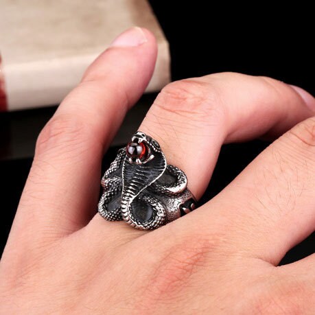 Men's Stainless Steel King Cobra Snake Ring With Red Agate Stone - Size 10, Punk Vintage Style - View #11