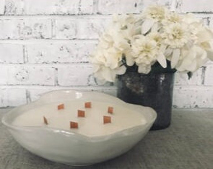 Free Form Raw Edge Ceramic Bowl Candle, Bowl Candle, White Bowl Candle, Wooden Wicks, Free Form