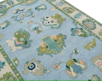 8x10,9x9,9x12, L Blue Floral Design Hand knotted Oushak Wool Area Oriental Rug For Living Space/Bedroom/Office/Dining room/Hall/Kitchen/Kids