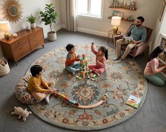 Hand-Tufted Traditional Round Persian Carpet High Quality Color Grey/Multi Premium Wool Area Rug For Living Room/Bedroom/Hall/Office Or Home