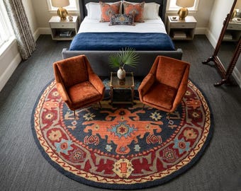 Hand-Tufted Traditional Round Persian Carpet High Quality Color Blue/Multi 100% Pure Wool Area Rug For Living Room/Bedroom/Hall/Office,Home.