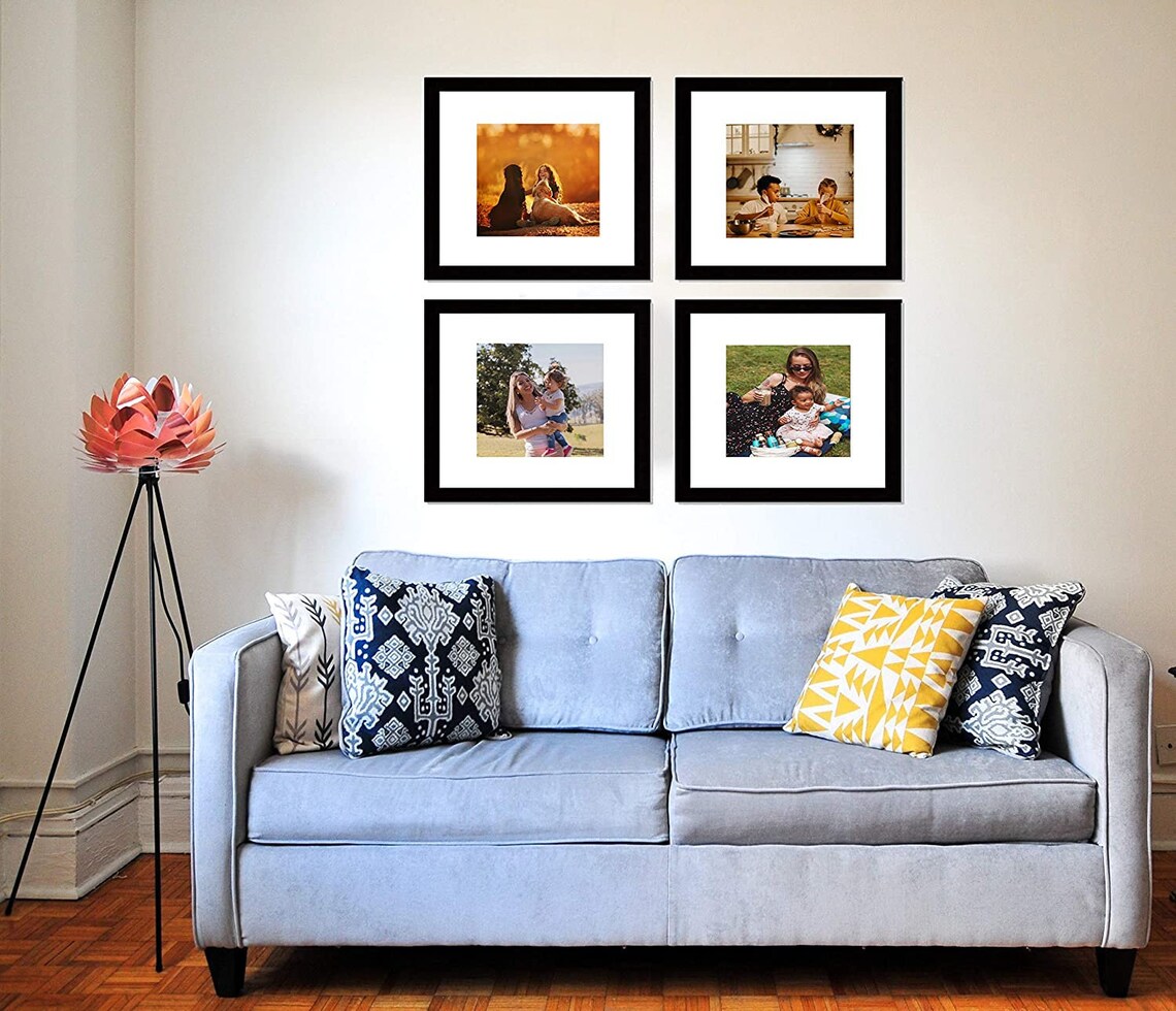12x12 Black Picture Frame Set, Square Photo Frame With Mat Pictures 8x8
